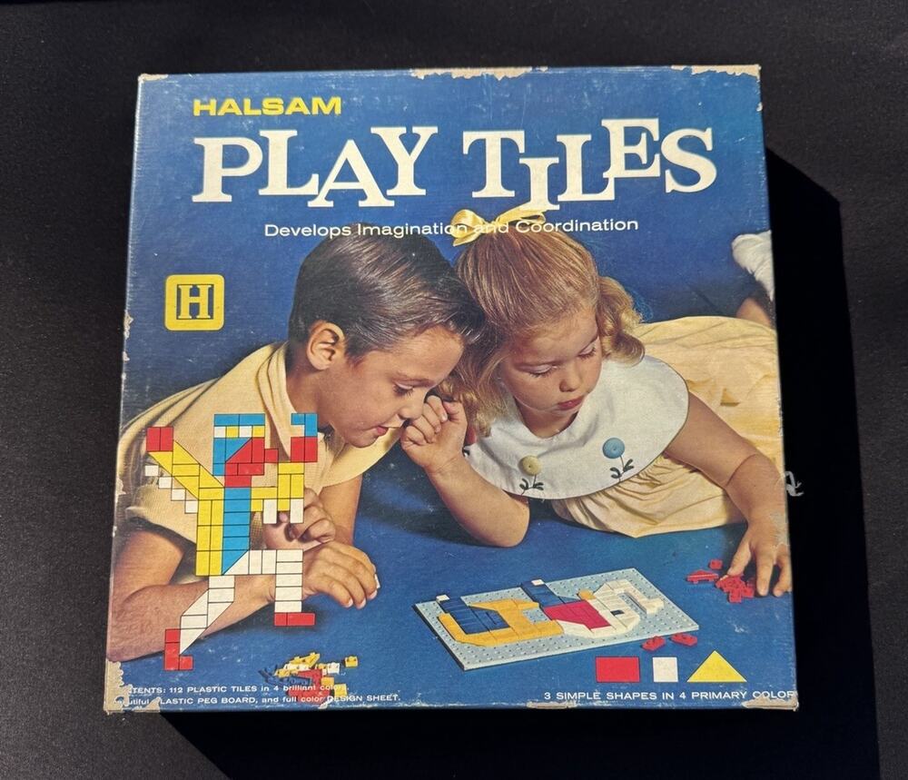 Vintage Halsam Play Tiles Plastic Peg Board Colored Pieces Picture Guide Box